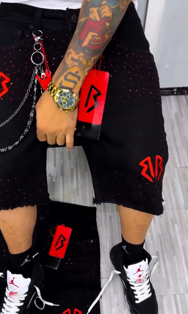 Men's Rhinestone Frayed Denim Shorts