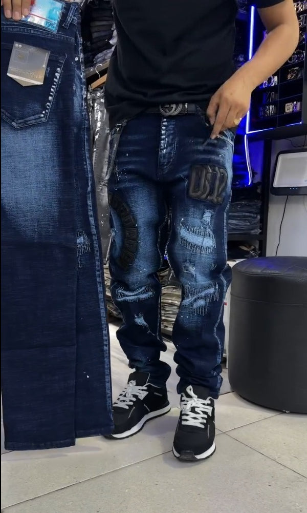 Men's Embroidered Distressed Jeans