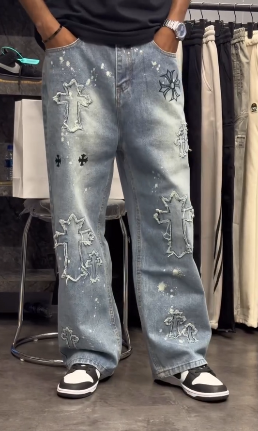 Men's Cross-Embroidered Denim Jeans
