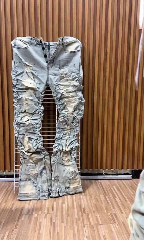 Stylish Stacked Rhinestone Distressed Ripped Jeans