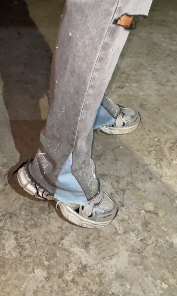 Glitter-Distressed Raw Slit Jeans