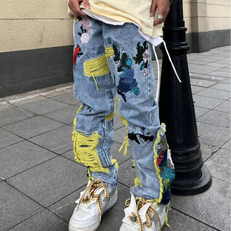 Men's Embroidered Ripped Loose Pants