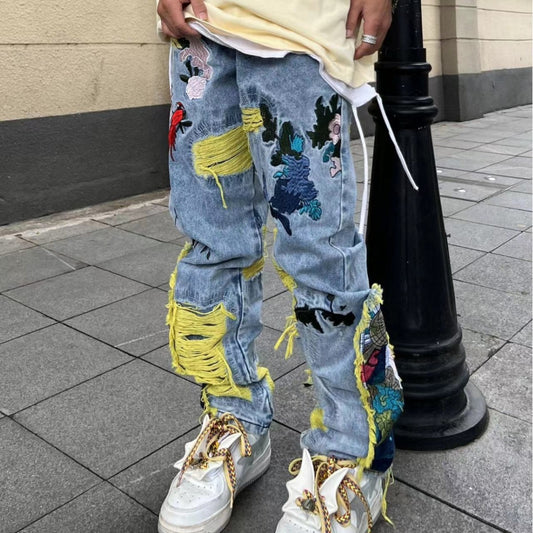 Men's Embroidered Ripped Loose Pants