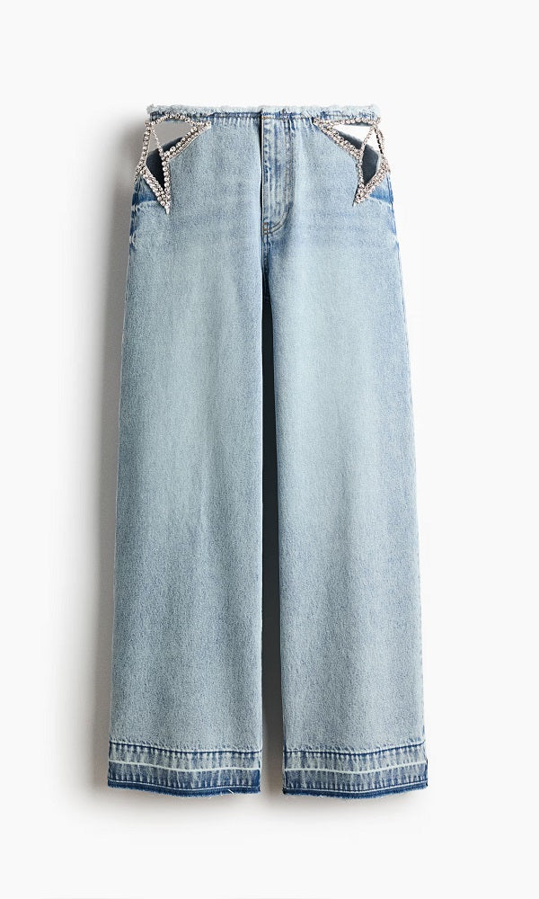 Women's Side Crystal Star Cutouts Jeans
