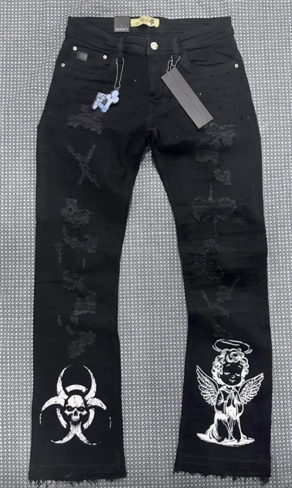 Shiny Casual Skull & Angel Ripped Jeans