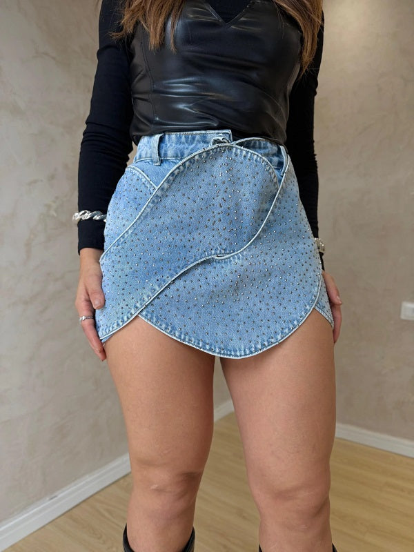 Chic Crisscross Rhinestone Denim Mini Skirt