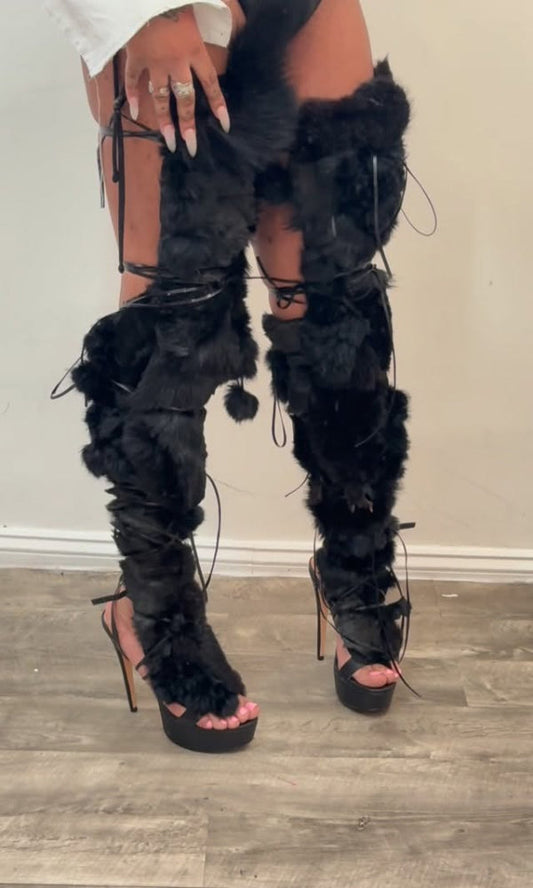 Black Fur Heeled Sandals