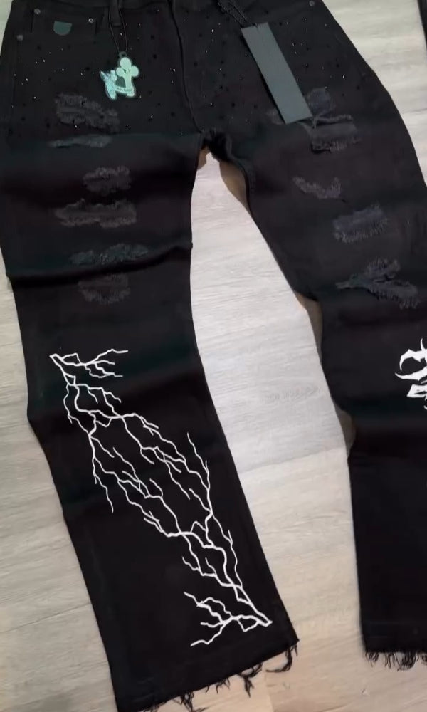Men's Black Rhinestone Lightning & Letter Casual Jeans