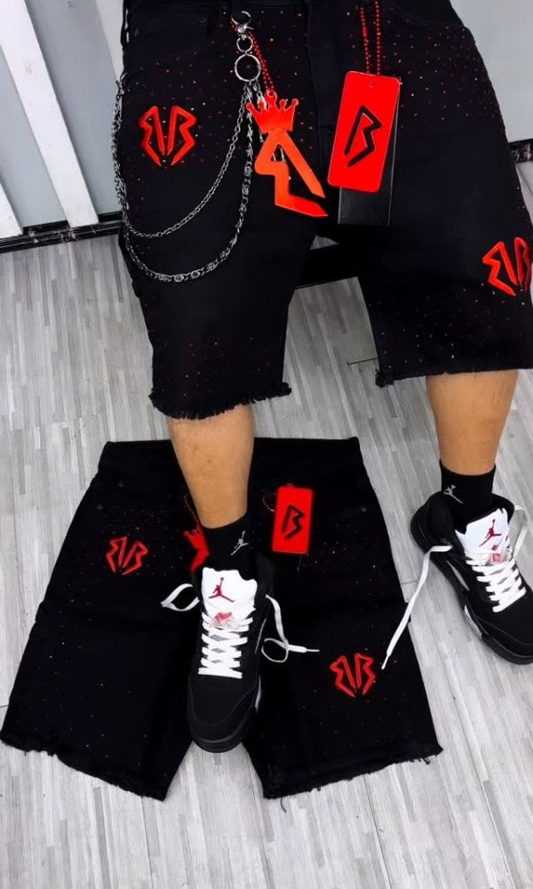 Men's Rhinestone Frayed Denim Shorts