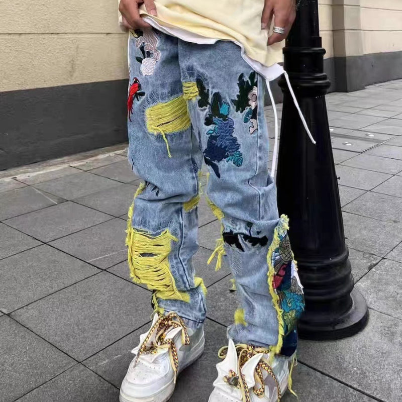Men's Embroidered Ripped Loose Pants