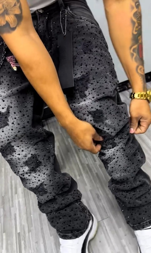 Men's Trendy Ripped Rhinestone Jeans