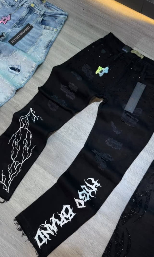 Men's Black Rhinestone Lightning & Letter Casual Jeans