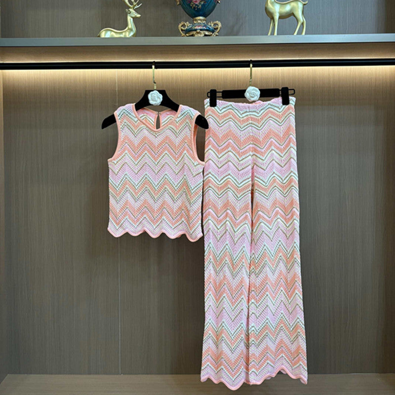 Knitted Wave-Pattern Vest & Pants Set