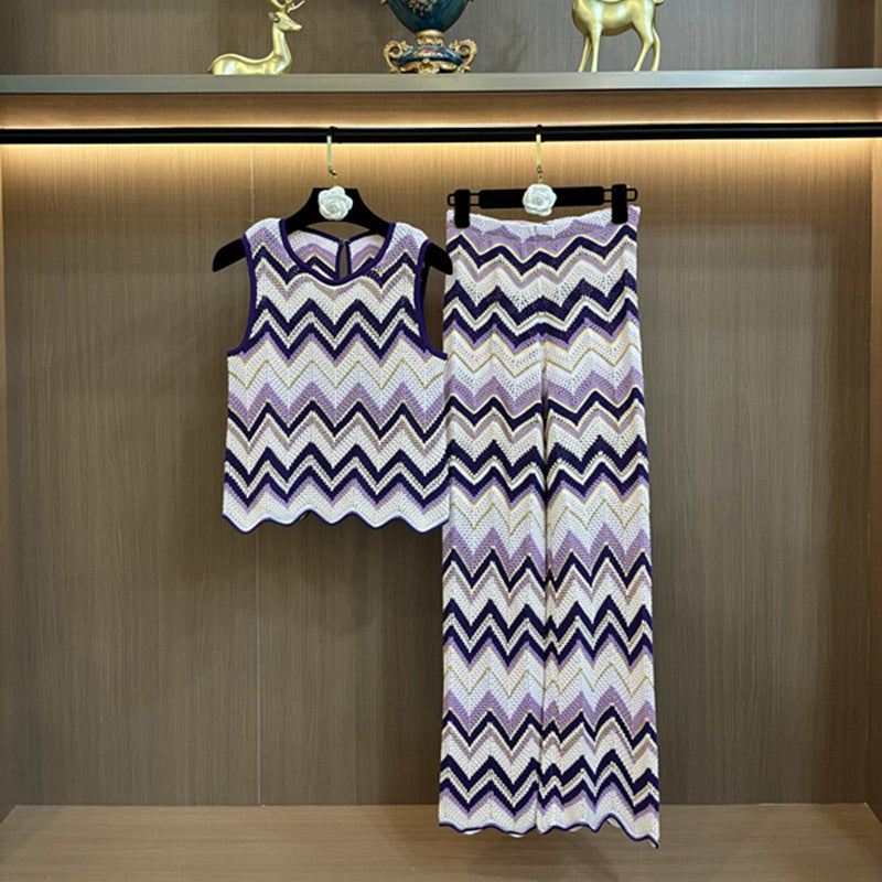 Knitted Wave-Pattern Vest & Pants Set
