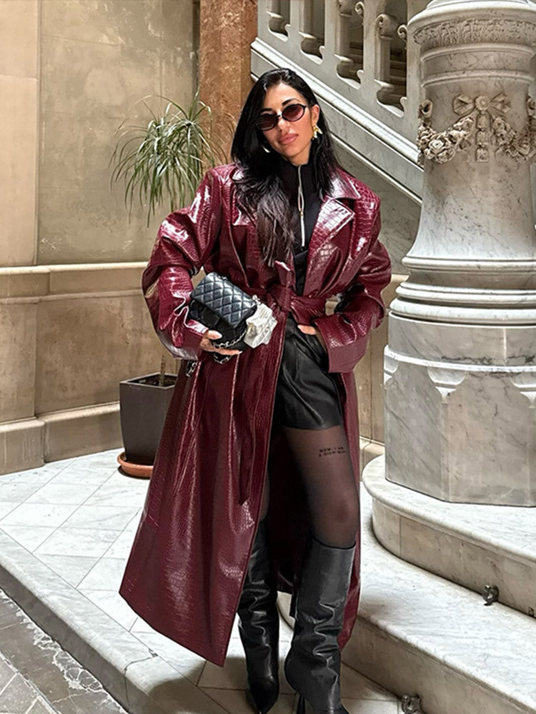 Women's Retro Long Leather Coat
