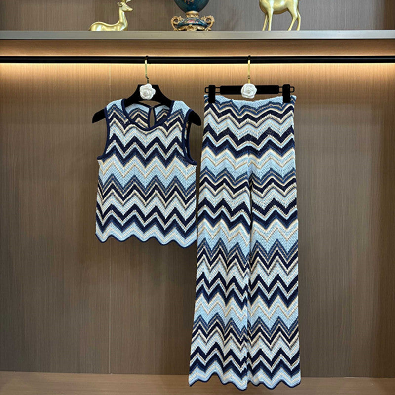 Knitted Wave-Pattern Vest & Pants Set