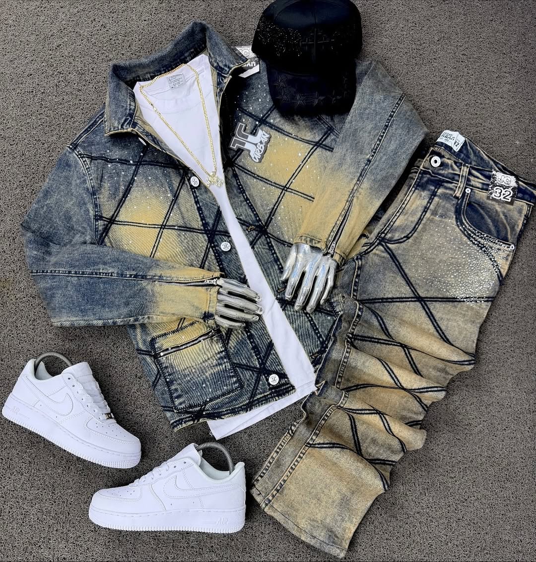 Men's Distressed Denim Rhinestone Jacket & Trousers Set