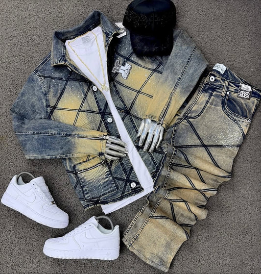 Men's Distressed Denim Rhinestone Jacket & Trousers Set