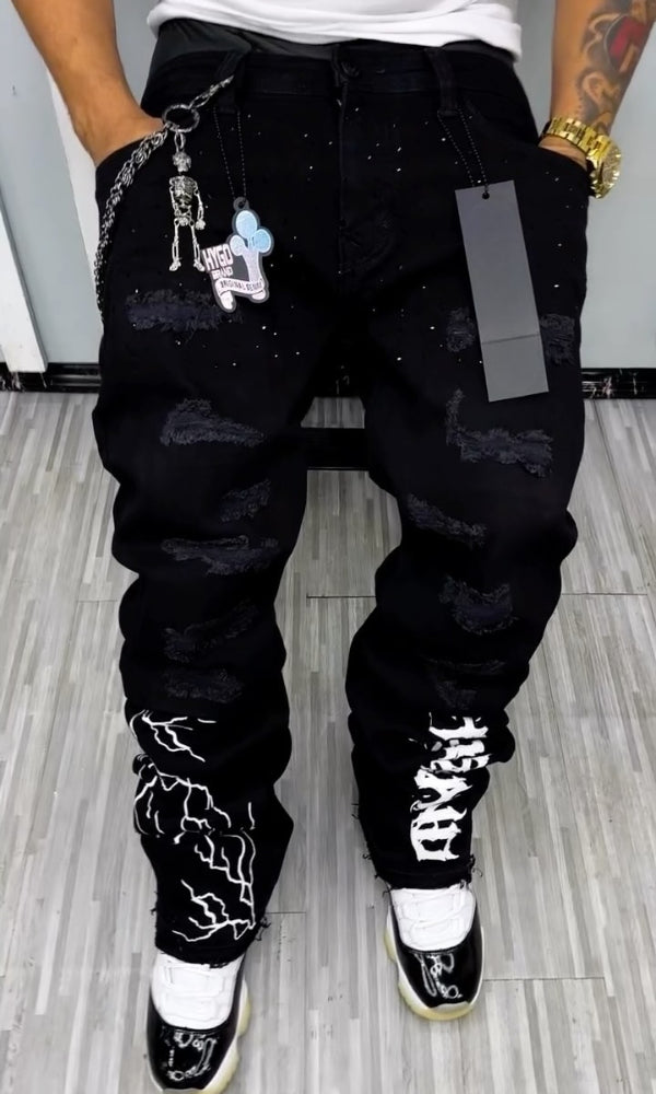 Men's Black Rhinestone Lightning & Letter Casual Jeans