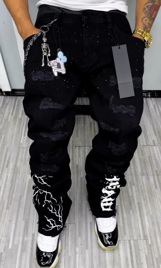 Men's Black Rhinestone Lightning & Letter Casual Jeans