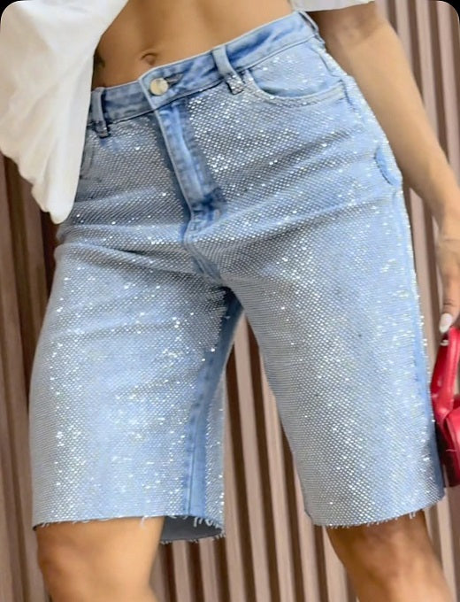 Trendy Rhinestone Casual Jeans Shorts