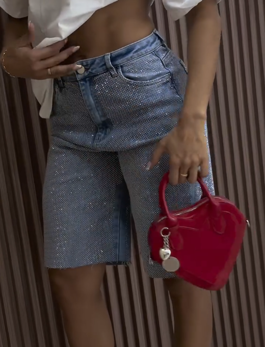Trendy Rhinestone Casual Jeans Shorts