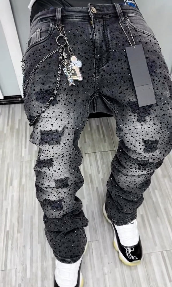 Men's Trendy Ripped Rhinestone Jeans