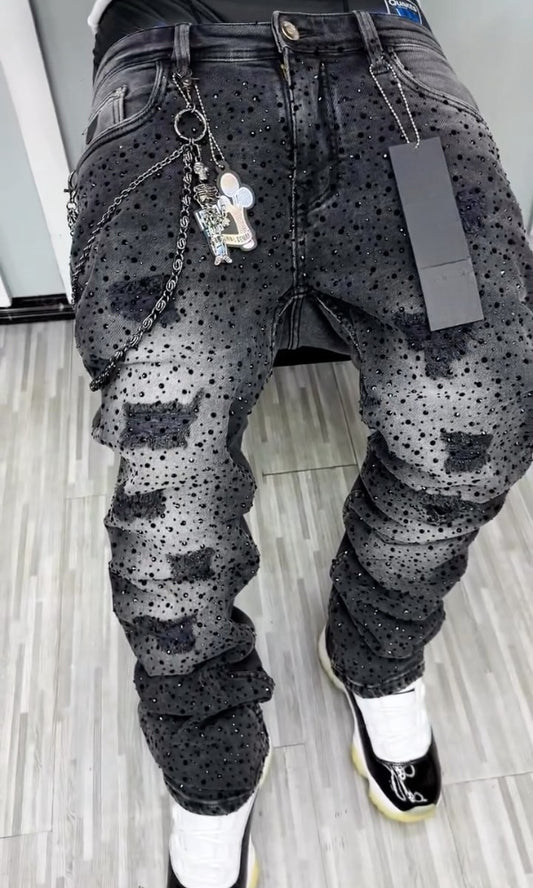 Men's Trendy Ripped Rhinestone Jeans
