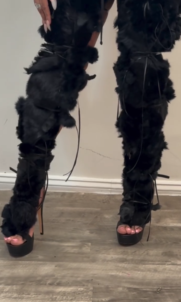Black Fur Heeled Sandals