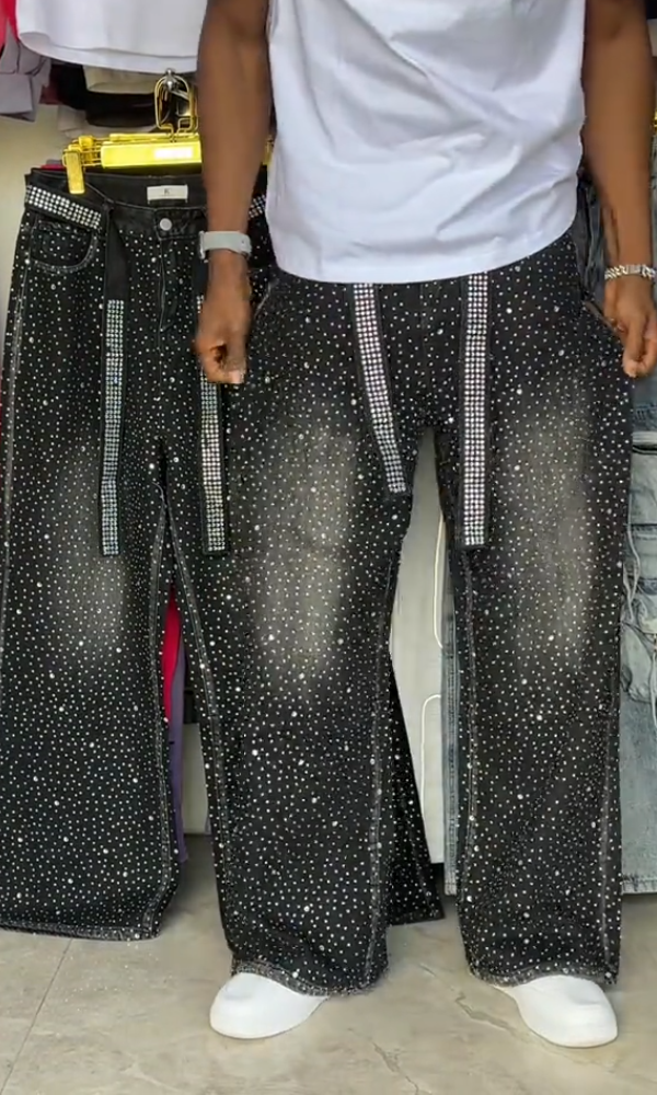 Men's Classic Rhinestone Ribbon Casual Jeans