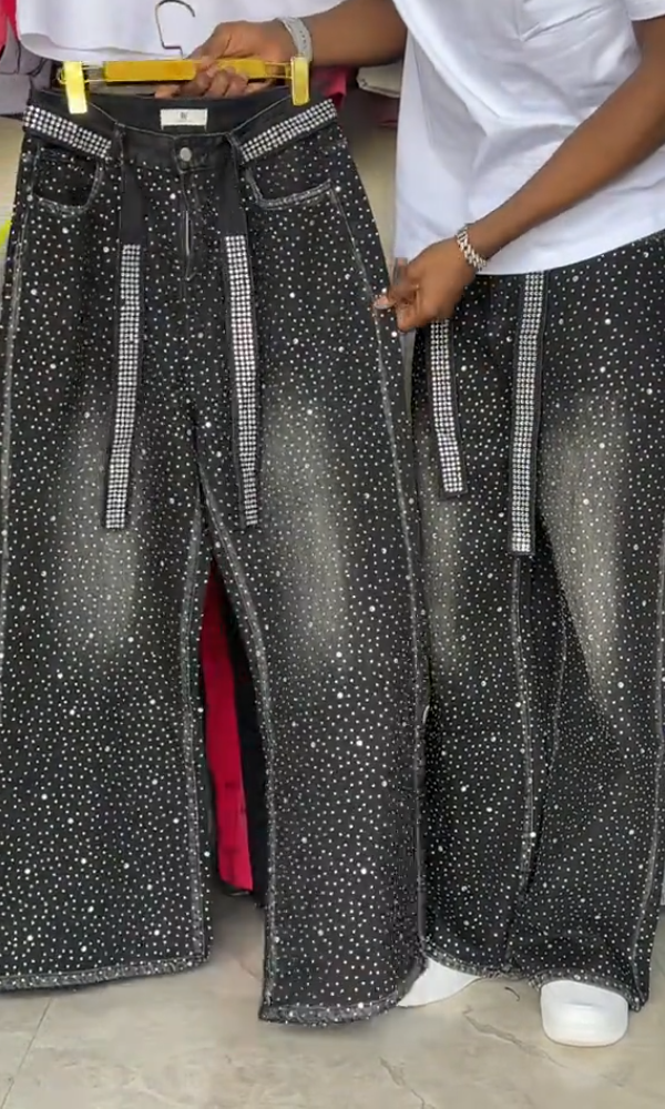 Men's Classic Rhinestone Ribbon Casual Jeans