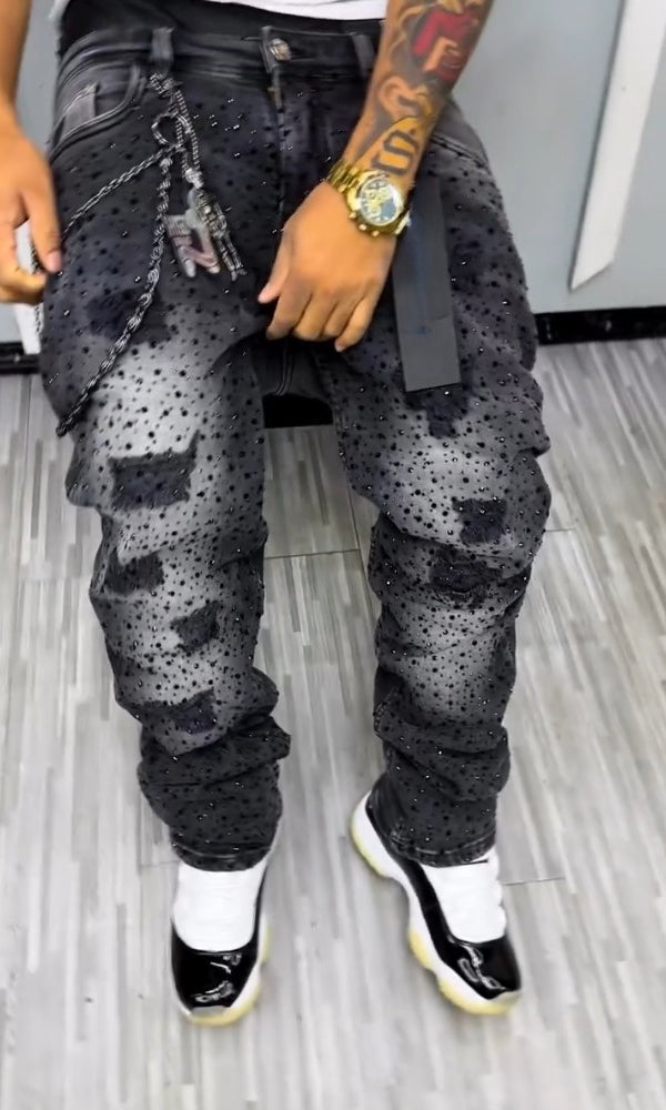 Men's Trendy Ripped Rhinestone Jeans