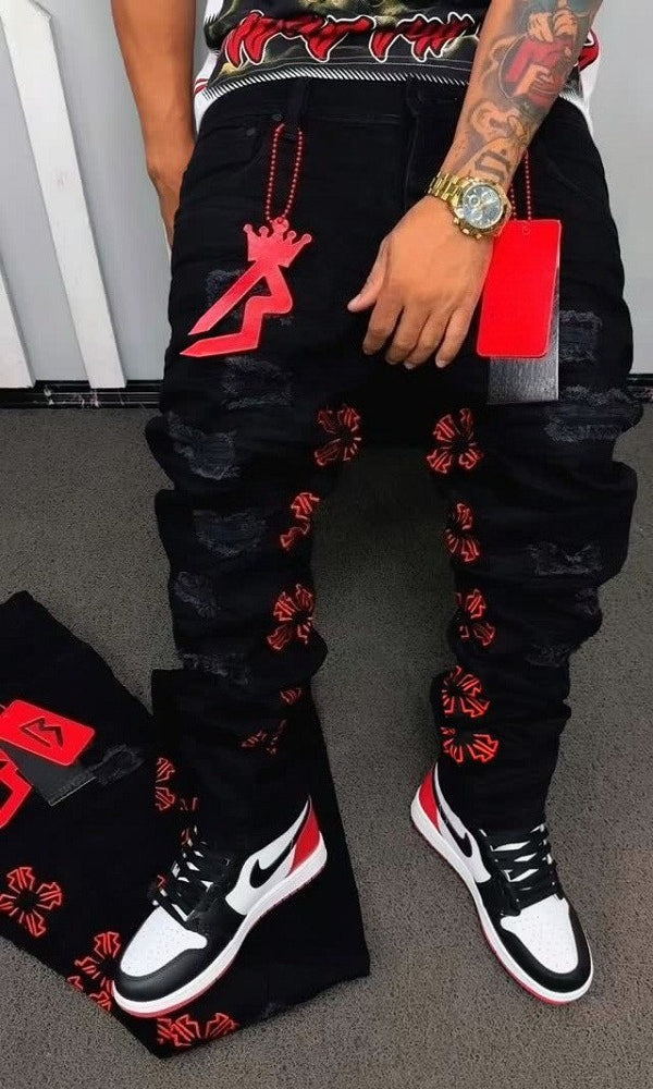 Casual Embroidered Distressed Jeans