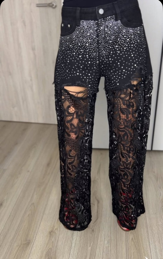 Lace Cutout & Rhinestone-Embellished Denim Jeans