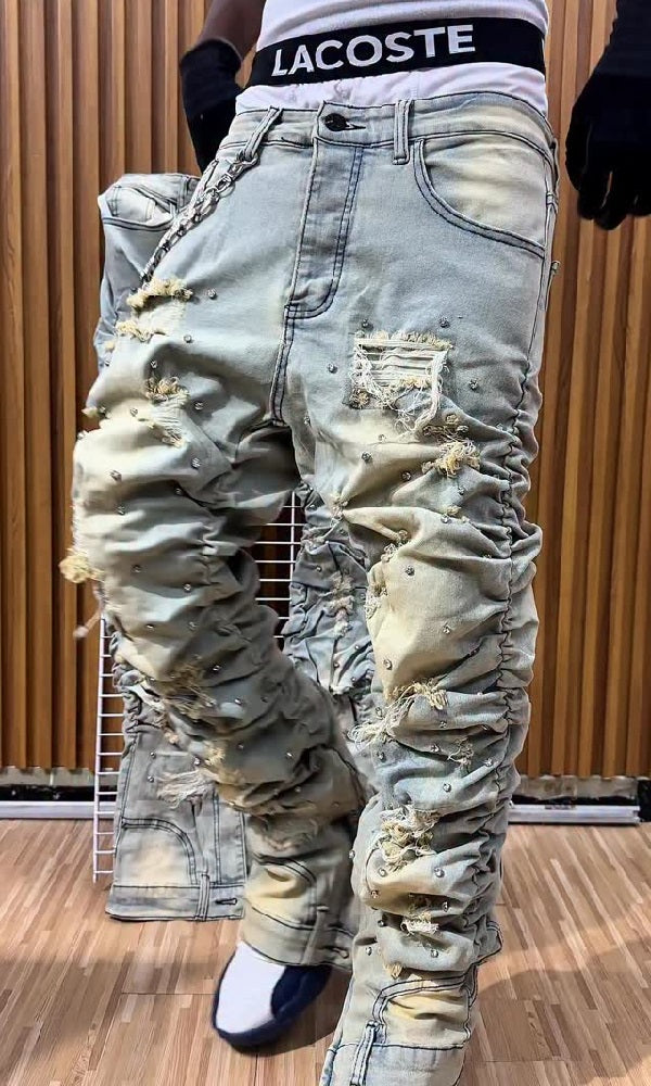 Stylish Stacked Rhinestone Distressed Ripped Jeans